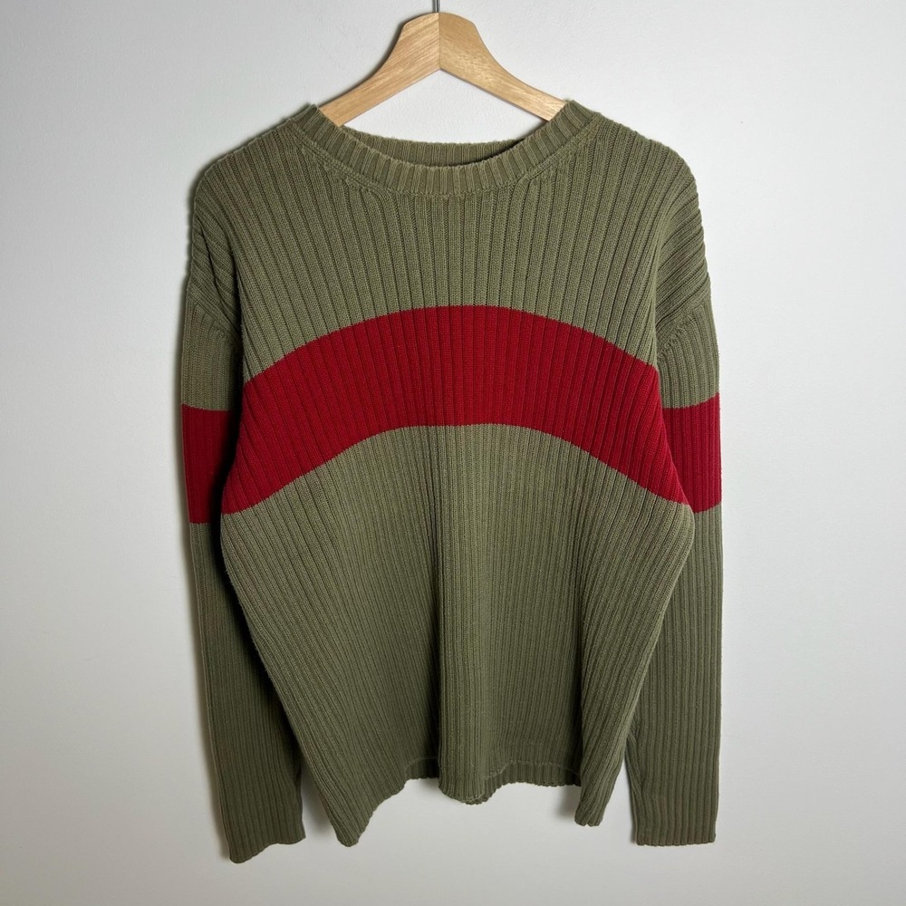Structure Sweater Mens XL Green Red Stripe Ribbed Knit Cotton Crewneck Pullover